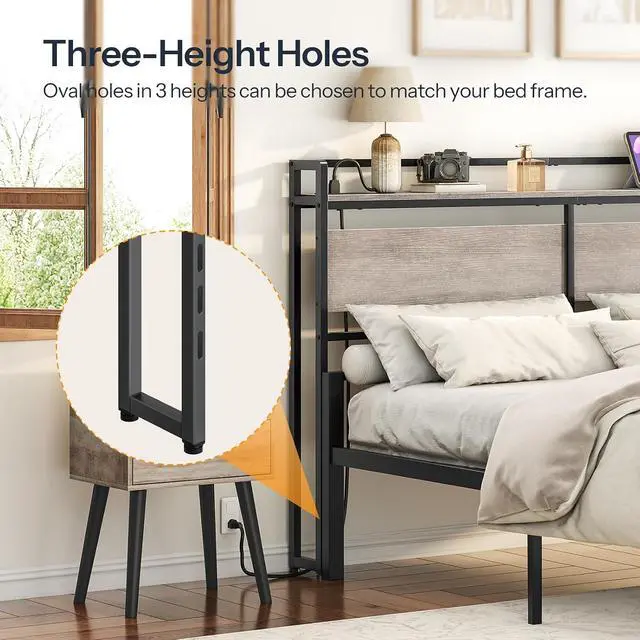 Alt view image 4 of 7 - Queen Size Headboard, Headboard with 2 Outlets and 4 USB Ports, Adjustable Height, Storage Rack, Sturdy and Stable, Easy Assembly, Greige and Black