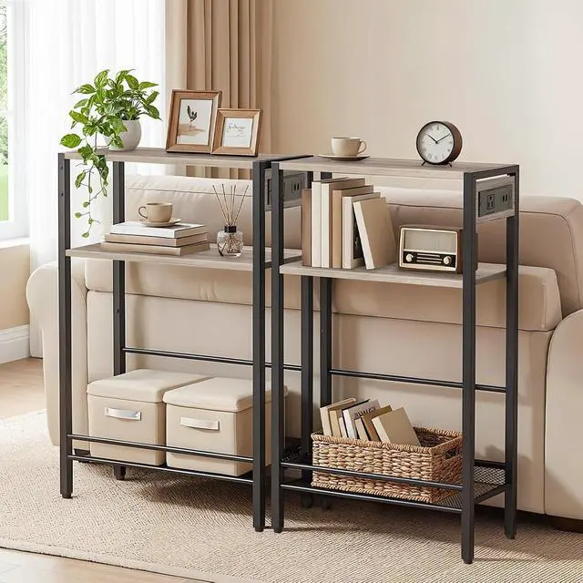 Alt view image 2 of 7 - 15.7" Narrow Console Table with Charging Station, 3 Tier Entryway Table for Small Space, Behind Couch Table, Sofa Table, for Entryway, Hallway, Living Room, Greige and Black BG42UXG01