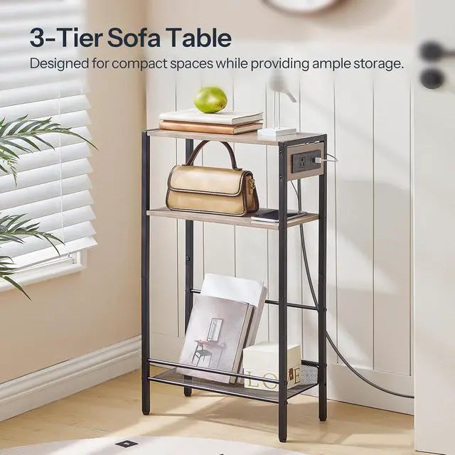 Alt view image 4 of 7 - 15.7" Narrow Console Table with Charging Station, 3 Tier Entryway Table for Small Space, Behind Couch Table, Sofa Table, for Entryway, Hallway, Living Room, Greige and Black BG42UXG01