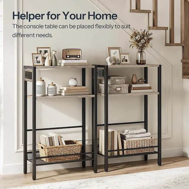 Alt view image 5 of 7 - 15.7" Narrow Console Table with Charging Station, 3 Tier Entryway Table for Small Space, Behind Couch Table, Sofa Table, for Entryway, Hallway, Living Room, Greige and Black BG42UXG01