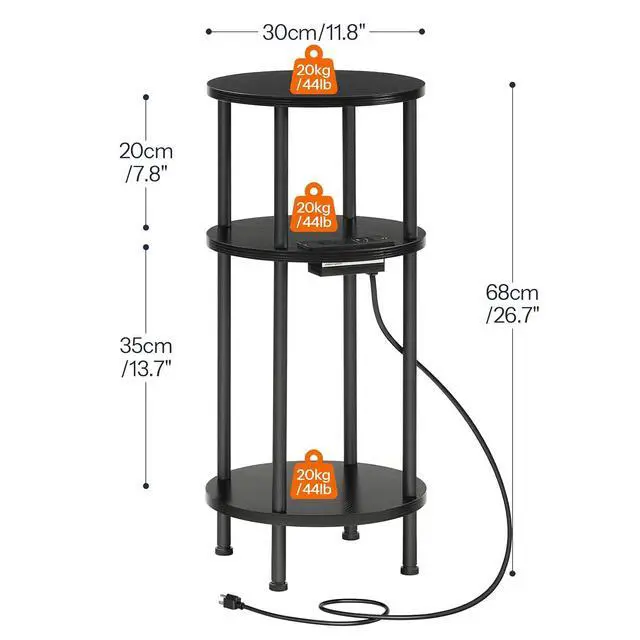Alt view image 3 of 7 - Small Round Side Table, 3-Tier Compact Sofa End Table with Charging Station, Circle Bedside Table Nightstand with Storage, for Small Space, Living Room, Bedroom, Black BB219UBZ01