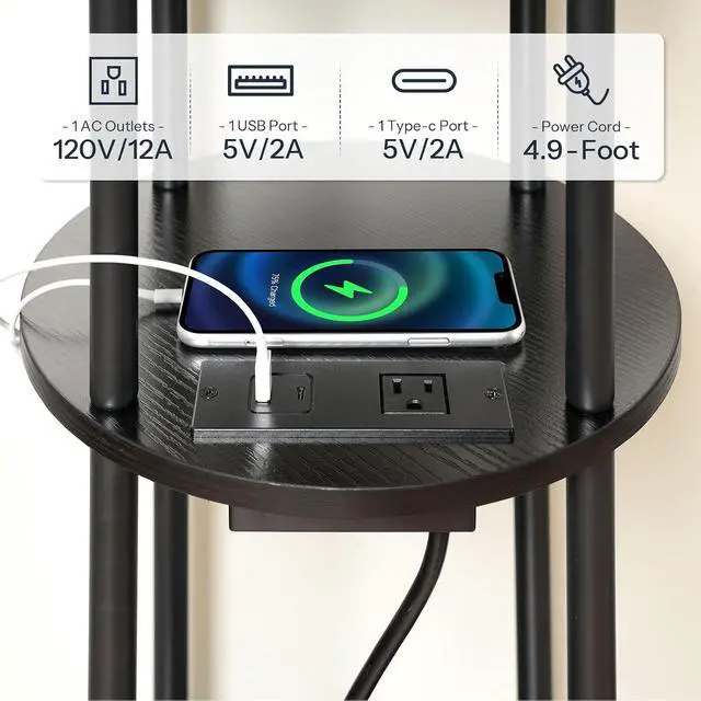 Alt view image 4 of 7 - Small Round Side Table, 3-Tier Compact Sofa End Table with Charging Station, Circle Bedside Table Nightstand with Storage, for Small Space, Living Room, Bedroom, Black BB219UBZ01