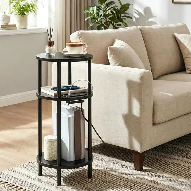 Alt view image 2 of 7 - Small Round Side Table, 3-Tier Compact Sofa End Table with Charging Station, Circle Bedside Table Nightstand with Storage, for Small Space, Living Room, Bedroom, Black BB219UBZ01