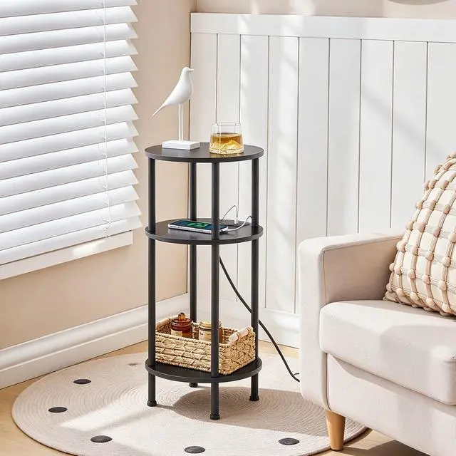 Alt view image 5 of 7 - Small Round Side Table, 3-Tier Compact Sofa End Table with Charging Station, Circle Bedside Table Nightstand with Storage, for Small Space, Living Room, Bedroom, Black BB219UBZ01