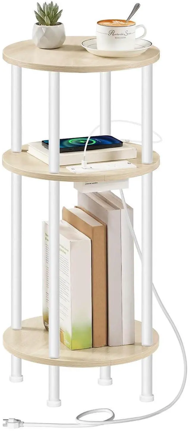 Main image of Small Round Side Table, 3-Tier Compact Sofa End Table with Charging Station, Circle Bedside Table Nightstand with Storage, for Small Space, Living Room, Bedroom, Natural and White WN219UBZ01