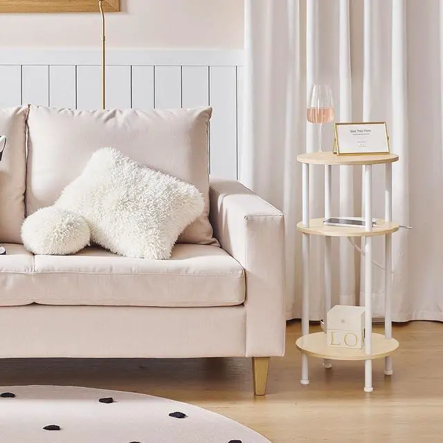 Alt view image 2 of 7 - Small Round Side Table, 3-Tier Compact Sofa End Table with Charging Station, Circle Bedside Table Nightstand with Storage, for Small Space, Living Room, Bedroom, Natural and White WN219UBZ01