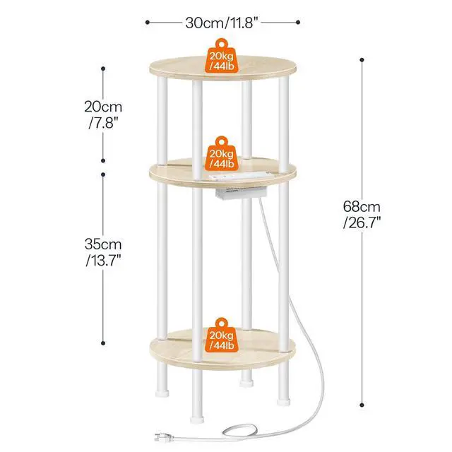 Alt view image 3 of 7 - Small Round Side Table, 3-Tier Compact Sofa End Table with Charging Station, Circle Bedside Table Nightstand with Storage, for Small Space, Living Room, Bedroom, Natural and White WN219UBZ01