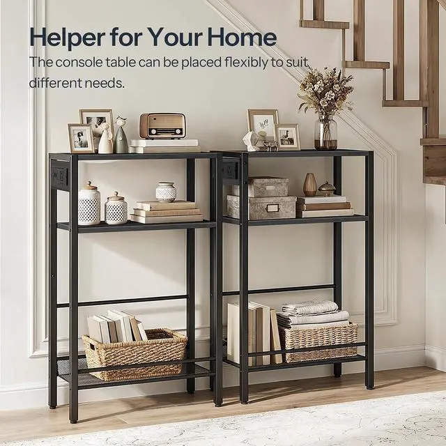 Alt view image 5 of 7 - 15.7" Narrow Console Table with Charging Station, 3 Tier Entryway Table for Small Space, Behind Couch Table, Sofa Table, for Entryway, Hallway, Living Room, Black BB42UXG01