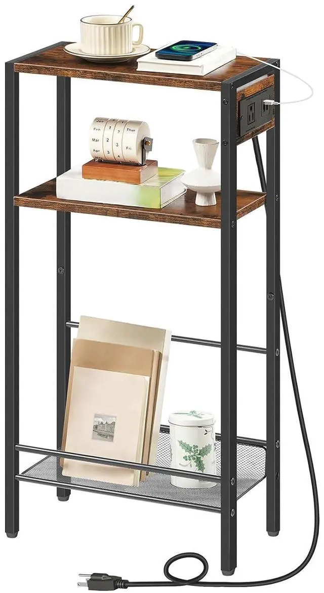 Main image of 15.7" Narrow Console Table with Charging Station, 3 Tier Entryway Table for Small Space, Behind Couch Table, Sofa Table, for Entryway, Hallway, Living Room, Rustic Brown and Black BF42UXG01