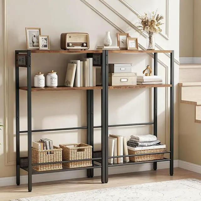 Alt view image 2 of 7 - 15.7" Narrow Console Table with Charging Station, 3 Tier Entryway Table for Small Space, Behind Couch Table, Sofa Table, for Entryway, Hallway, Living Room, Rustic Brown and Black BF42UXG01