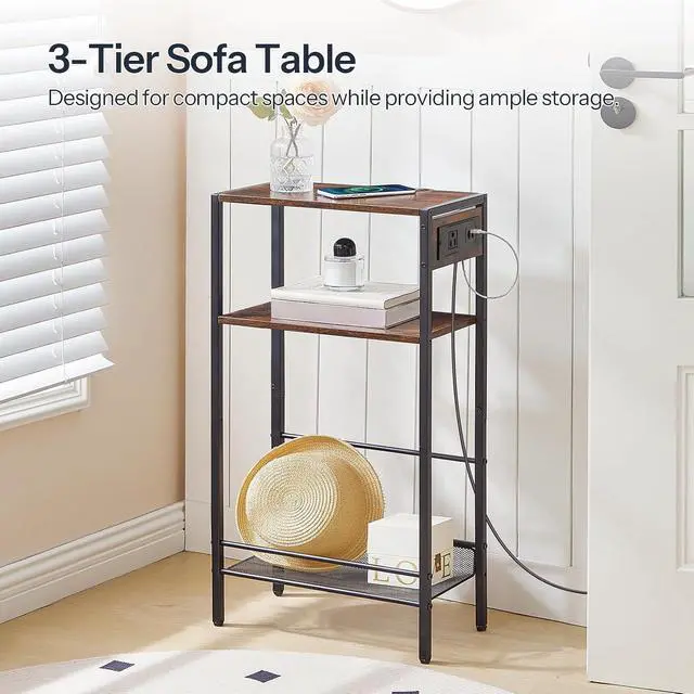 Alt view image 4 of 7 - 15.7" Narrow Console Table with Charging Station, 3 Tier Entryway Table for Small Space, Behind Couch Table, Sofa Table, for Entryway, Hallway, Living Room, Rustic Brown and Black BF42UXG01