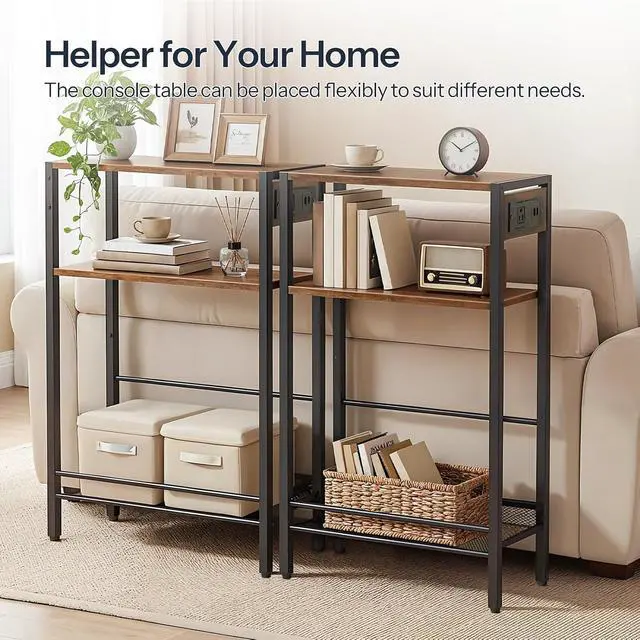 Alt view image 5 of 7 - 15.7" Narrow Console Table with Charging Station, 3 Tier Entryway Table for Small Space, Behind Couch Table, Sofa Table, for Entryway, Hallway, Living Room, Rustic Brown and Black BF42UXG01