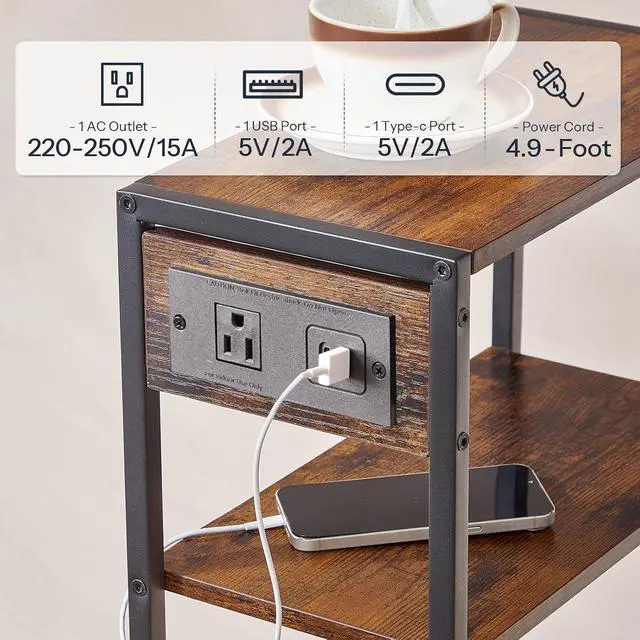 Alt view image 6 of 7 - 15.7" Narrow Console Table with Charging Station, 3 Tier Entryway Table for Small Space, Behind Couch Table, Sofa Table, for Entryway, Hallway, Living Room, Rustic Brown and Black BF42UXG01