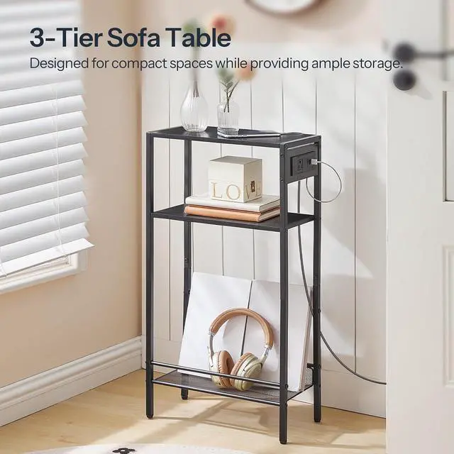 Alt view image 4 of 7 - 15.7" Narrow Console Table with Charging Station, 3 Tier Entryway Table for Small Space, Behind Couch Table, Sofa Table, for Entryway, Hallway, Living Room, Black BB42UXG01
