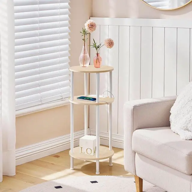 Alt view image 4 of 7 - Small Round Side Table, 3-Tier Compact Sofa End Table with Charging Station, Circle Bedside Table Nightstand with Storage, for Small Space, Living Room, Bedroom, Natural and White WN219UBZ01