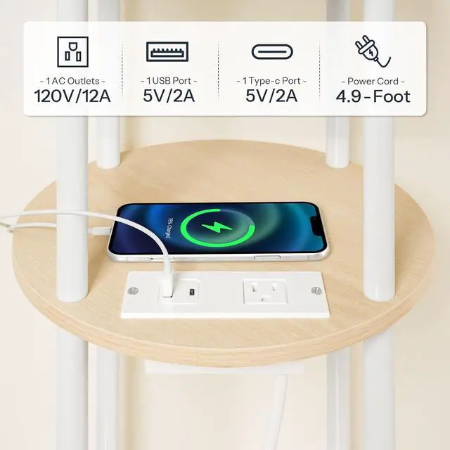 Alt view image 5 of 7 - Small Round Side Table, 3-Tier Compact Sofa End Table with Charging Station, Circle Bedside Table Nightstand with Storage, for Small Space, Living Room, Bedroom, Natural and White WN219UBZ01