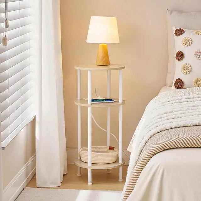 Alt view image 6 of 7 - Small Round Side Table, 3-Tier Compact Sofa End Table with Charging Station, Circle Bedside Table Nightstand with Storage, for Small Space, Living Room, Bedroom, Natural and White WN219UBZ01