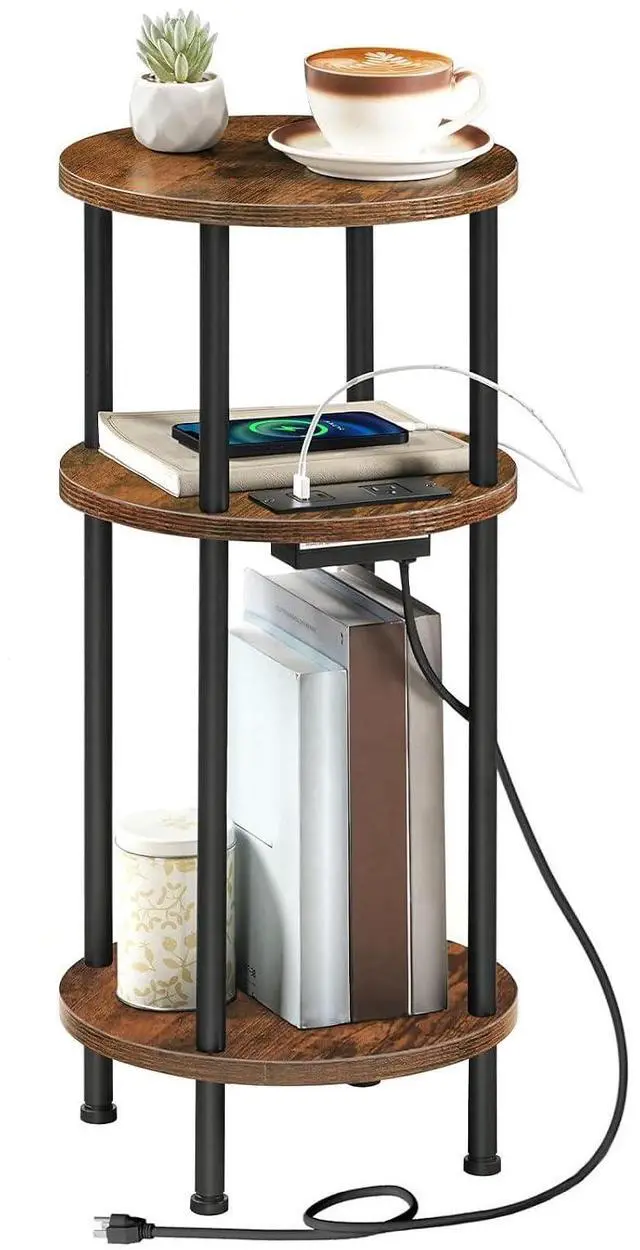 Main image of Small Round Side Table, 3-Tier Compact Sofa End Table with Charging Station, Circle Bedside Table Nightstand with Storage, for Small Space, Living Room, Bedroom, Rustic Brown BF219UBZ01