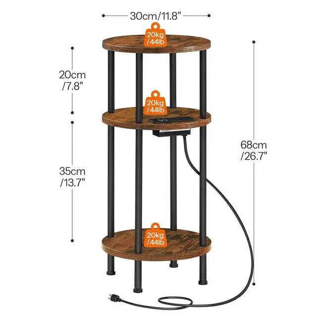 Alt view image 3 of 7 - Small Round Side Table, 3-Tier Compact Sofa End Table with Charging Station, Circle Bedside Table Nightstand with Storage, for Small Space, Living Room, Bedroom, Rustic Brown BF219UBZ01