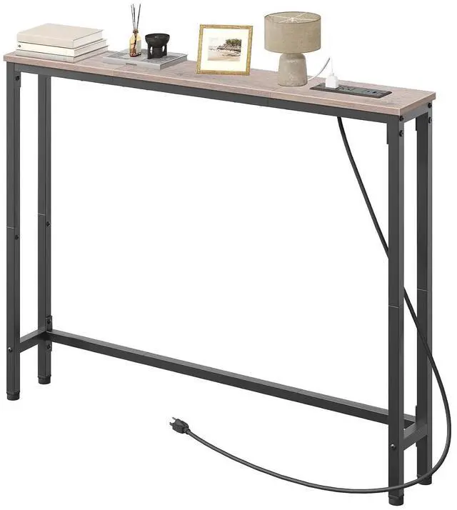 Main image of 39.4 Inch Narrow Console Table with Power Outlets, 5.9 Inch Sofa Table with Storage, Skinny Behind Couch Table, for Entryway Hallway, Small Spaces, Greige and Black BG52UXG01G1
