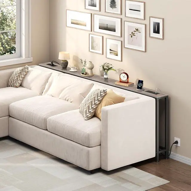 Alt view image 2 of 7 - 39.4 Inch Narrow Console Table with Power Outlets, 5.9 Inch Sofa Table with Storage, Skinny Behind Couch Table, for Entryway Hallway, Small Spaces, Greige and Black BG52UXG01G1