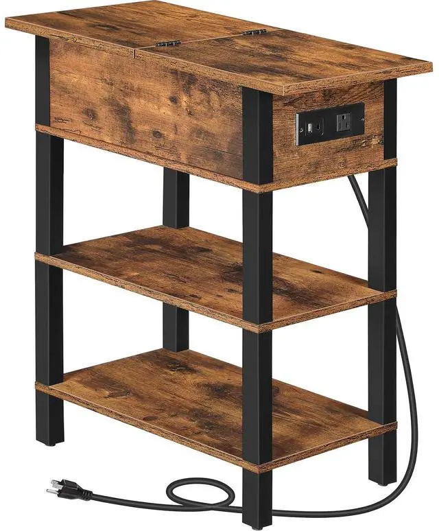 Main image of End Table with Charging Station, Flip Top Side Table with USB Ports, Narrow Nightstand Bedside Tables with Storage Shelves, for Small Space, Living Room, Rustic Brown and Black BF141UBZ01