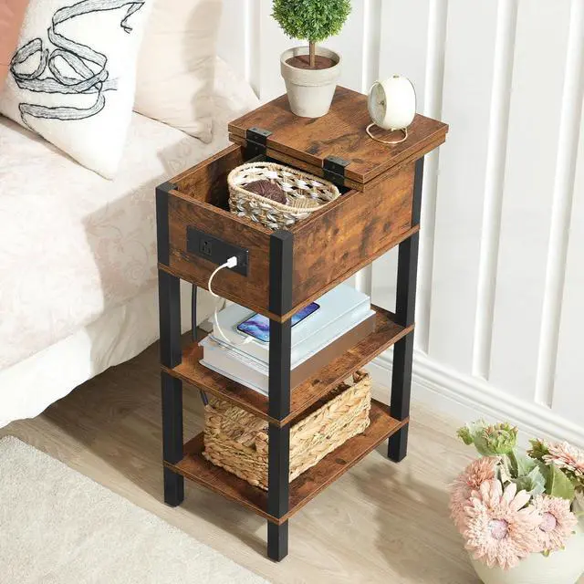 Alt view image 2 of 7 - End Table with Charging Station, Flip Top Side Table with USB Ports, Narrow Nightstand Bedside Tables with Storage Shelves, for Small Space, Living Room, Rustic Brown and Black BF141UBZ01