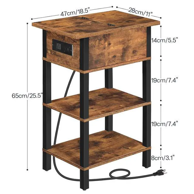 Alt view image 3 of 7 - End Table with Charging Station, Flip Top Side Table with USB Ports, Narrow Nightstand Bedside Tables with Storage Shelves, for Small Space, Living Room, Rustic Brown and Black BF141UBZ01