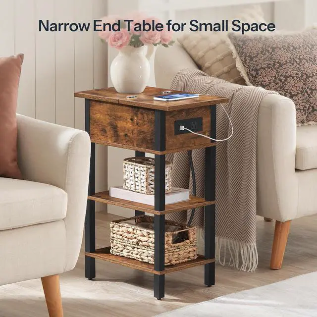 Alt view image 4 of 7 - End Table with Charging Station, Flip Top Side Table with USB Ports, Narrow Nightstand Bedside Tables with Storage Shelves, for Small Space, Living Room, Rustic Brown and Black BF141UBZ01