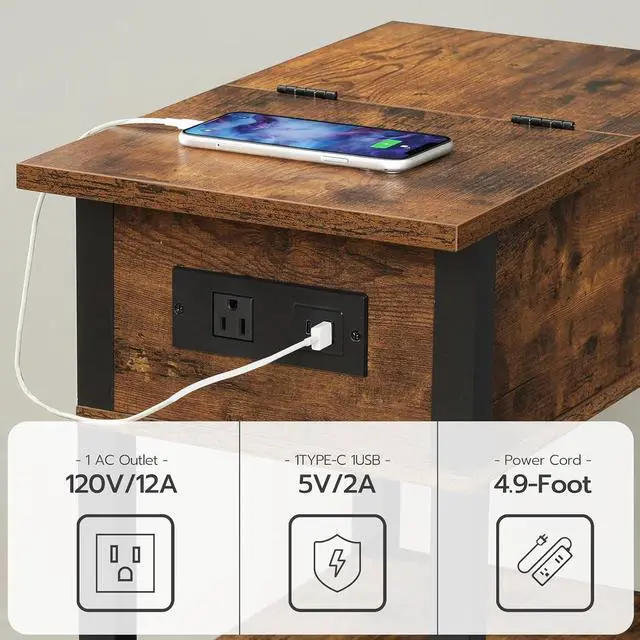 Alt view image 5 of 7 - End Table with Charging Station, Flip Top Side Table with USB Ports, Narrow Nightstand Bedside Tables with Storage Shelves, for Small Space, Living Room, Rustic Brown and Black BF141UBZ01