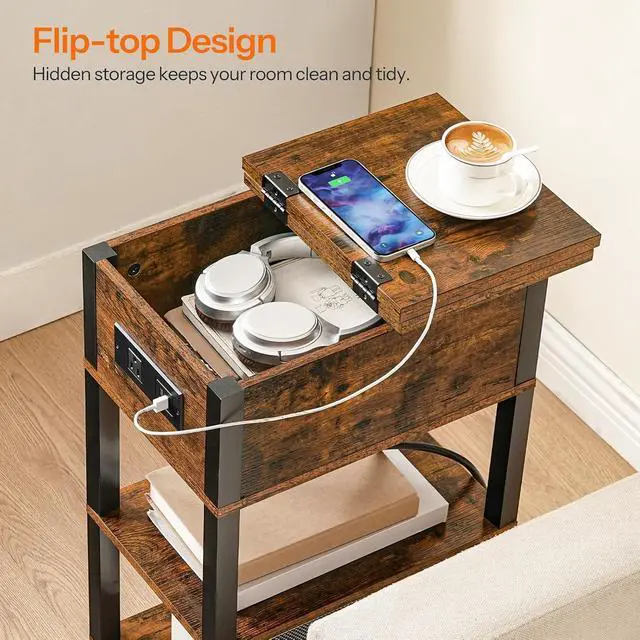 Alt view image 6 of 7 - End Table with Charging Station, Flip Top Side Table with USB Ports, Narrow Nightstand Bedside Tables with Storage Shelves, for Small Space, Living Room, Rustic Brown and Black BF141UBZ01