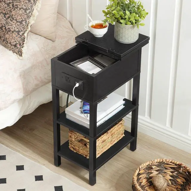 Alt view image 2 of 7 - End Table with Charging Station, Flip Top Side Table with USB Ports, Narrow Nightstand Bedside Tables with Storage Shelves, for Small Space, Living Room, Black BK141UBZ01