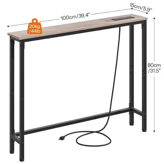 Alt view image 3 of 7 - 39.4 Inch Narrow Console Table with Power Outlets, 5.9 Inch Sofa Table with Storage, Skinny Behind Couch Table, for Entryway Hallway, Small Spaces, Greige and Black BG52UXG01G1