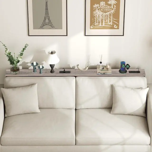 Alt view image 5 of 7 - 39.4 Inch Narrow Console Table with Power Outlets, 5.9 Inch Sofa Table with Storage, Skinny Behind Couch Table, for Entryway Hallway, Small Spaces, Greige and Black BG52UXG01G1