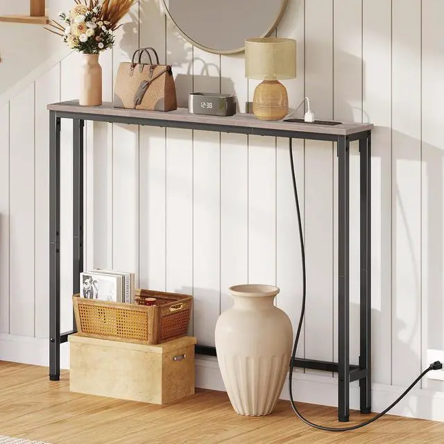 Alt view image 4 of 7 - 39.4 Inch Narrow Console Table with Power Outlets, 5.9 Inch Sofa Table with Storage, Skinny Behind Couch Table, for Entryway Hallway, Small Spaces, Greige and Black BG52UXG01G1