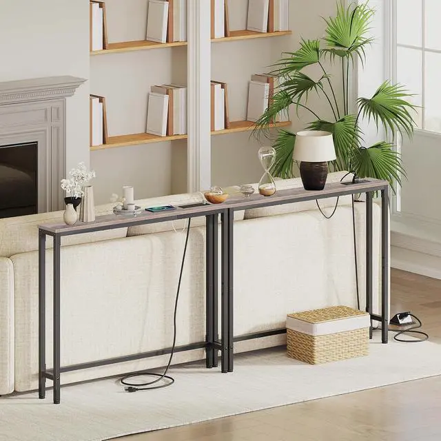 Alt view image 7 of 7 - 39.4 Inch Narrow Console Table with Power Outlets, 5.9 Inch Sofa Table with Storage, Skinny Behind Couch Table, for Entryway Hallway, Small Spaces, Greige and Black BG52UXG01G1