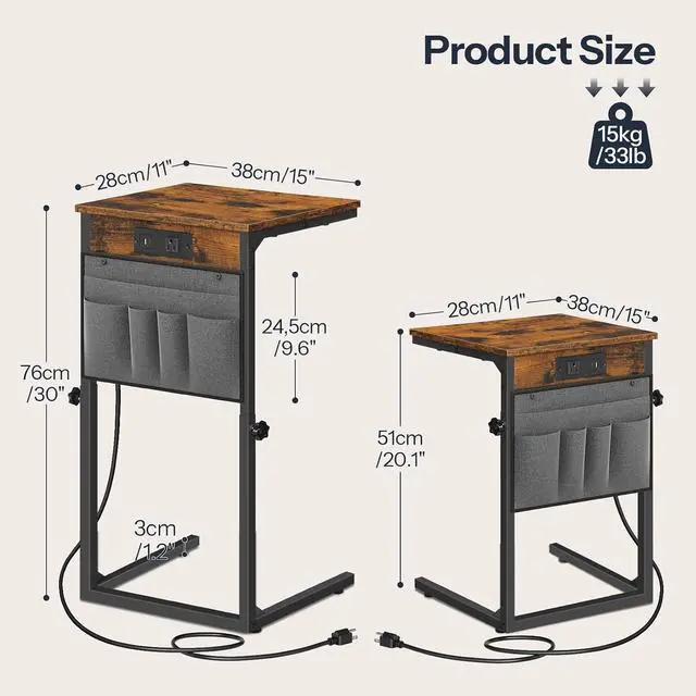 Alt view image 3 of 7 - C Shaped End Table with Charging Station, 30 Adjustable Height Sofa Side Table with Storage Pocket, Slide Under Couch Table for Sofa Arm Tray, for Living Room, Bedroom, Rustic Brown BF77USF01