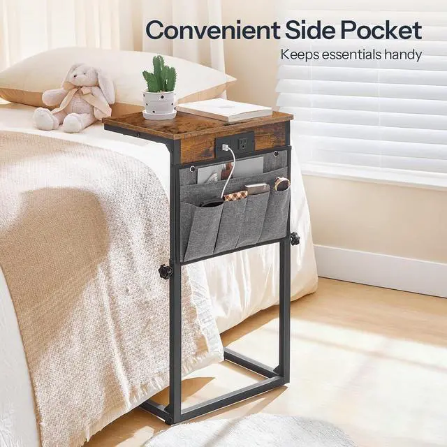 Alt view image 4 of 7 - C Shaped End Table with Charging Station, 30 Adjustable Height Sofa Side Table with Storage Pocket, Slide Under Couch Table for Sofa Arm Tray, for Living Room, Bedroom, Rustic Brown BF77USF01