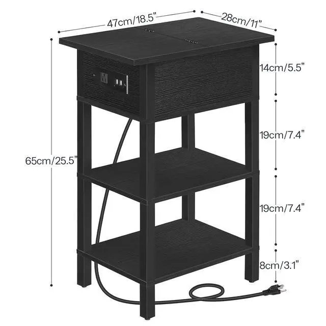 Alt view image 3 of 7 - End Table with Charging Station, Flip Top Side Table with USB Ports, Narrow Nightstand Bedside Tables with Storage Shelves, for Small Space, Living Room, Black BK141UBZ01