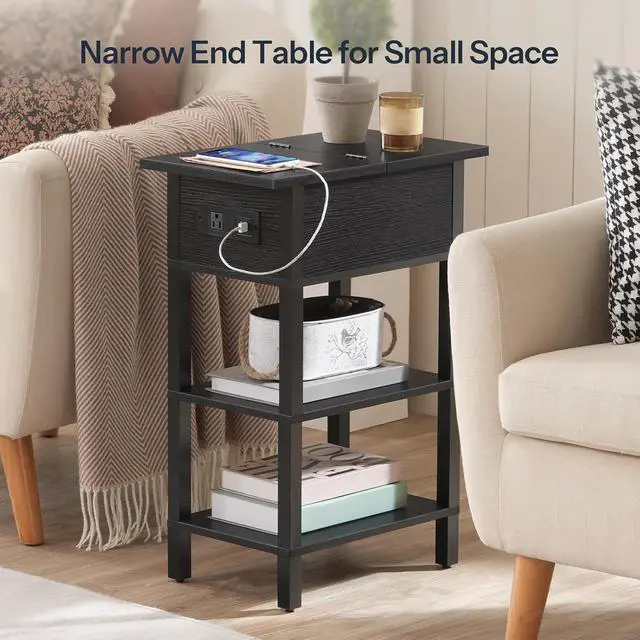 Alt view image 4 of 7 - End Table with Charging Station, Flip Top Side Table with USB Ports, Narrow Nightstand Bedside Tables with Storage Shelves, for Small Space, Living Room, Black BK141UBZ01