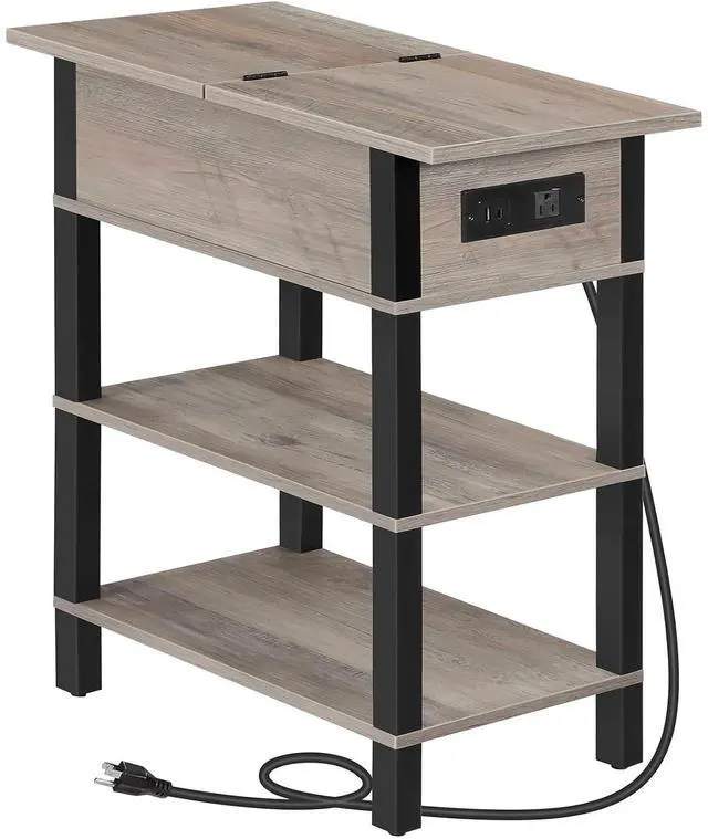 Main image of End Table with Charging Station, Flip Top Side Table with USB Ports, Narrow Nightstand Bedside Tables with Storage Shelves, for Small Space, Living Room,Greige and Black BG141UBZ01