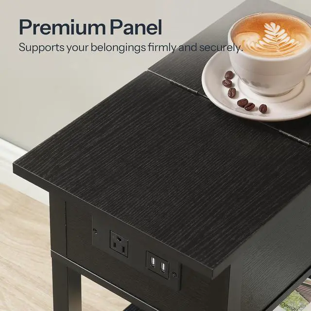 Alt view image 7 of 7 - End Table with Charging Station, Flip Top Side Table with USB Ports, Narrow Nightstand Bedside Tables with Storage Shelves, for Small Space, Living Room, Black BK141UBZ01