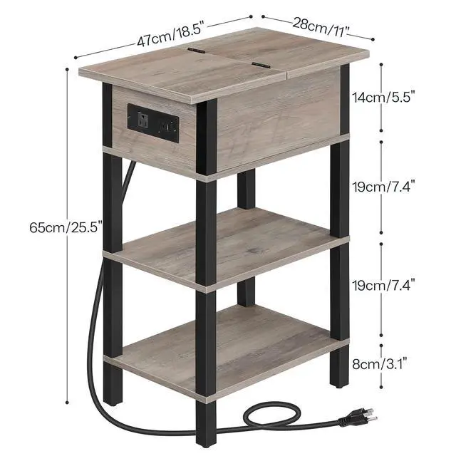 Alt view image 3 of 7 - End Table with Charging Station, Flip Top Side Table with USB Ports, Narrow Nightstand Bedside Tables with Storage Shelves, for Small Space, Living Room,Greige and Black BG141UBZ01