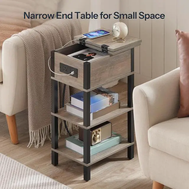 Alt view image 4 of 7 - End Table with Charging Station, Flip Top Side Table with USB Ports, Narrow Nightstand Bedside Tables with Storage Shelves, for Small Space, Living Room,Greige and Black BG141UBZ01