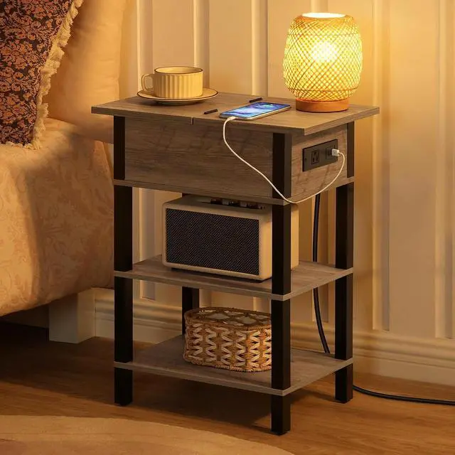 Alt view image 2 of 7 - End Table with Charging Station, Flip Top Side Table with USB Ports, Narrow Nightstand Bedside Tables with Storage Shelves, for Small Space, Living Room,Greige and Black BG141UBZ01