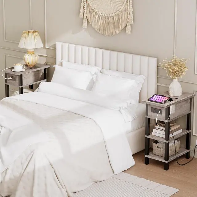 Alt view image 5 of 7 - End Table with Charging Station, Flip Top Side Table with USB Ports, Narrow Nightstand Bedside Tables with Storage Shelves, for Small Space, Living Room,Greige and Black BG141UBZ01