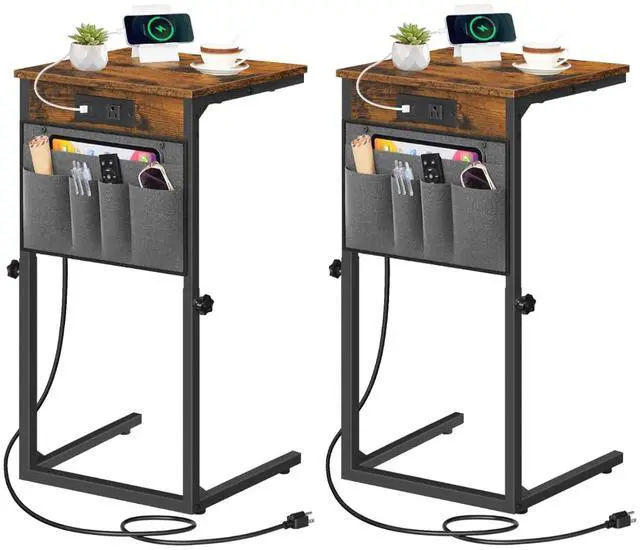 Main image of C Shaped End Tables with Charging Station, Set of 2, 30 Adjustable Height Sofa Side Tables, Slide Under Couch Tables for Sofa Arm Tray, for Living Room, Bedroom, Rustic Brown BF77USFP201