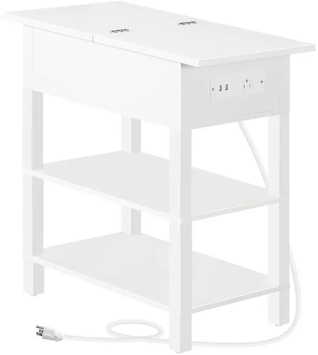 Main image of End Table with Charging Station, Flip Top Side Table with USB Ports, Narrow Nightstand Bedside Tables with Storage Shelves, for Small Space, Living Room, White WT141UBZ01