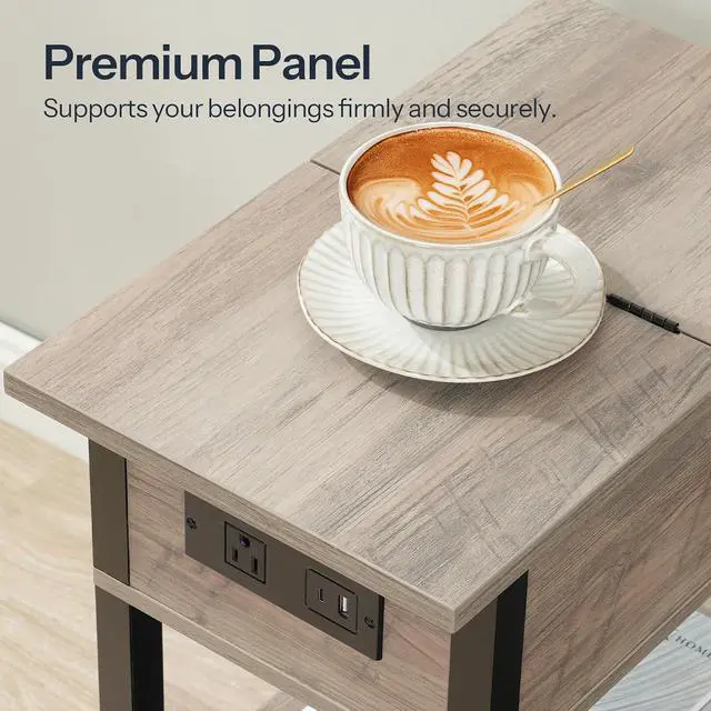 Alt view image 6 of 7 - End Table with Charging Station, Flip Top Side Table with USB Ports, Narrow Nightstand Bedside Tables with Storage Shelves, for Small Space, Living Room,Greige and Black BG141UBZ01