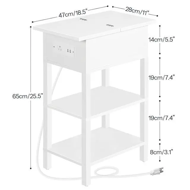 Alt view image 3 of 7 - End Table with Charging Station, Flip Top Side Table with USB Ports, Narrow Nightstand Bedside Tables with Storage Shelves, for Small Space, Living Room, White WT141UBZ01